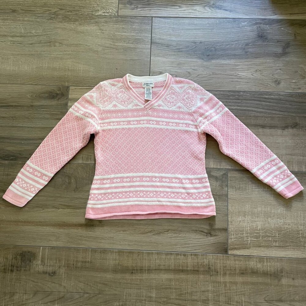 St. Johns Bay Sweater Womens Medium Petite Pink Fair Isle beaded Angora Pullover - Picture 1 of 12